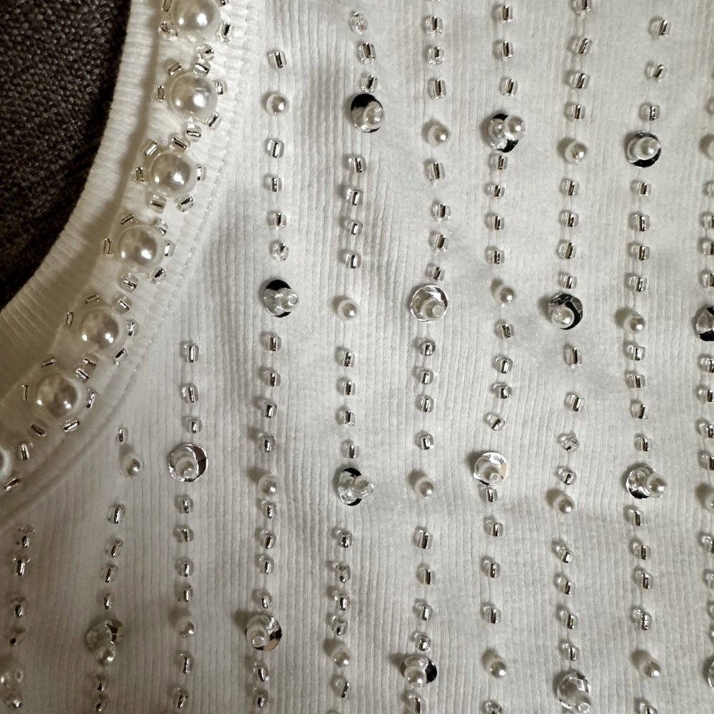 Embellished White Tank Top with Pearl & Sequin Detailing